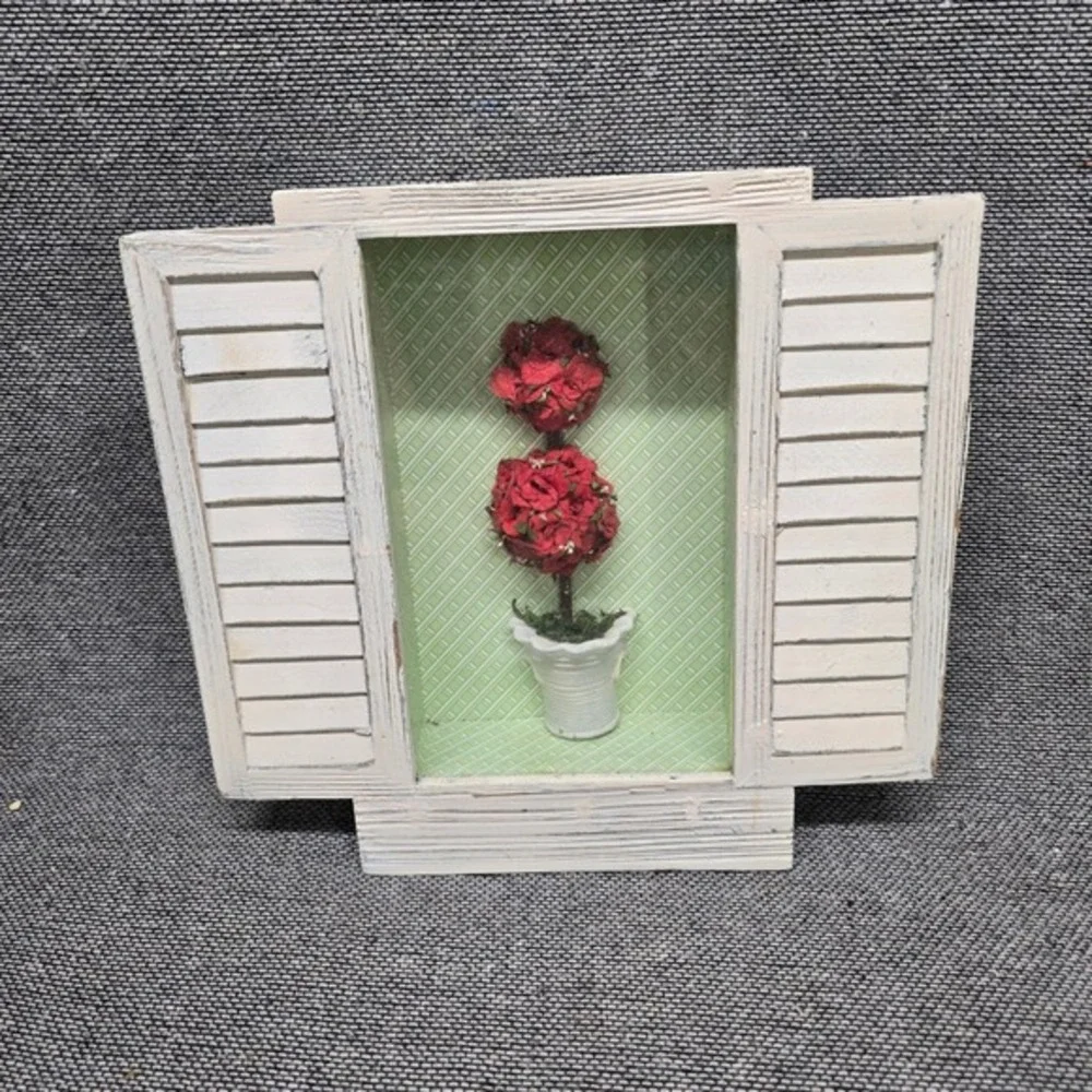 3D Topiary Shadow Box Wall Art‎ Farmhouse Window Shutter White Red Good